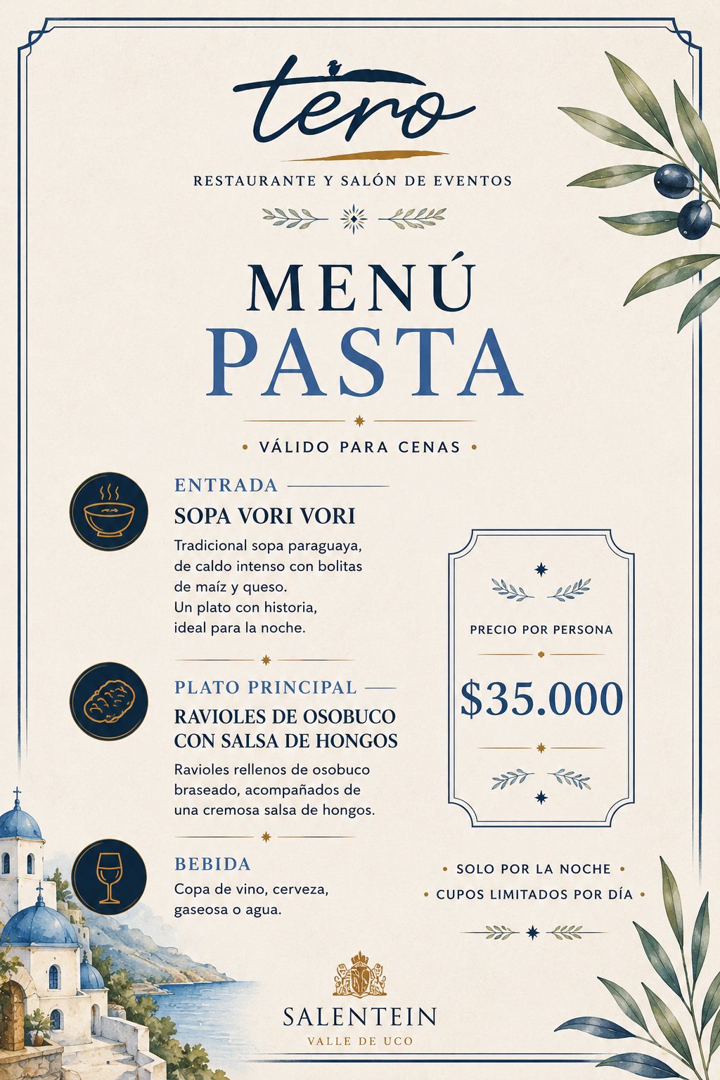 Menú Pasta — válido para cenas